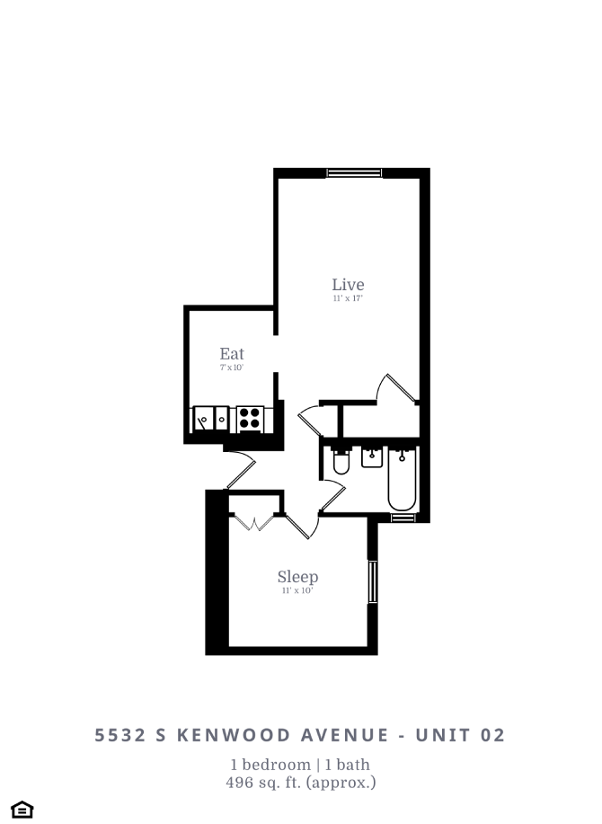 Floor plan for 1 bed, 1 bath, 496 sqft